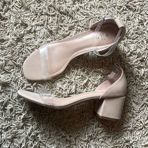Beige block heels with clear strap